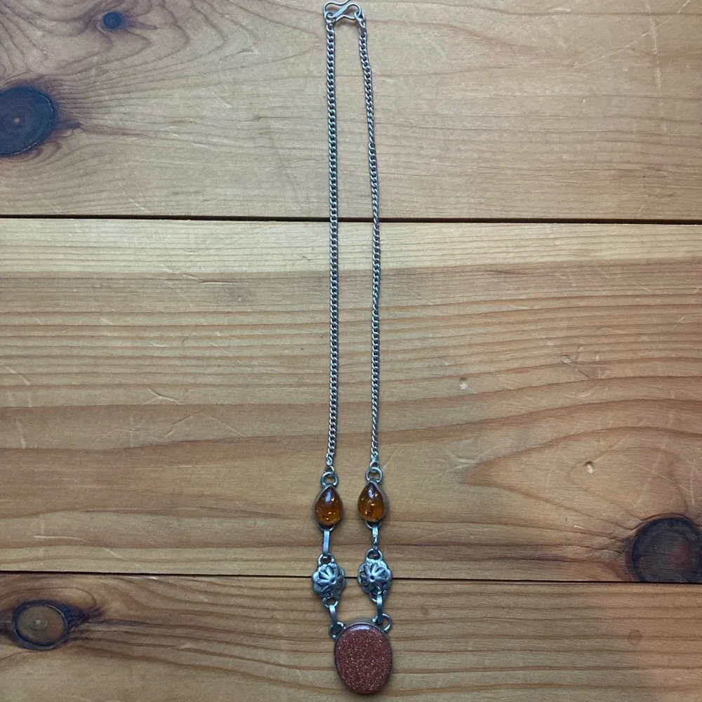Sterling, goldstone and amber necklace - Picture 3 of 8